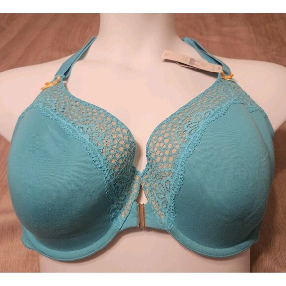 Cacique Cotton Tshirt Bra Plus Size 42DDD Teal Lace Nwt - Picture 1 of 6